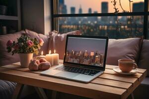 ai generato Lavorando nel letto con il computer portatile professionale fotografia foto