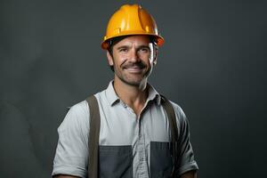 ai generato sorridente costruzione lavoratore nel difficile cappello in piedi in casa foto