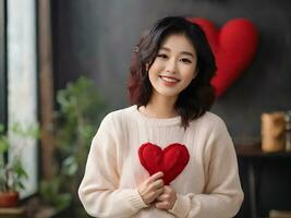 allegro donna nel rosso cuore maglione asiatico modello foto