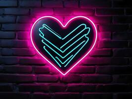 neon San Valentino giorno cartello cuore splendore su buio mattone foto