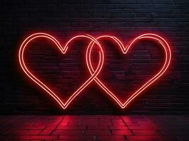 paio di neon cuori su mattone parete amore simbolo foto