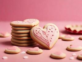 ai generato avvicinamento cuore sagomato biscotti rosa sfondo foto