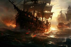 ai generato andare in barca barca nel il mare con fuoco e Fumo, 3d illustrazione, un epico battaglia fra pirati su il alto mari, ai generato foto