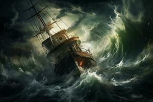ai generato pirata nave nel tempestoso mare. 3d interpretazione e illustrazione, ai generato foto