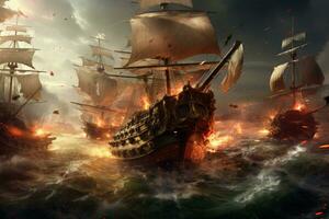ai generato 3d illustrazione di un' battaglia scena con un' pirata nave, un epico battaglia fra pirati su il alto mari, ai generato foto