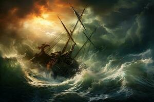 ai generato pirata nave nel tempestoso mare, 3d rendere illustrazione, ai generato foto