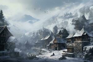 ai generato fantasia inverno paesaggio con vecchio di legno case nel il montagne. digitale la pittura, ai generato foto