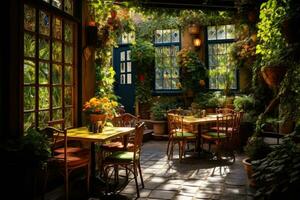 ai generato tavoli e sedie nel un all'aperto bar nel Parigi, Francia, un intimo italiano bar, impostato nel un' accogliente, giardino, ai generato foto