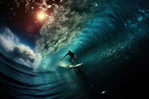 ai generato surfer su il oceano onda a tramonto. 3d rendering, un subacqueo prospettiva di un' surfer equitazione un' onda, ai generato foto