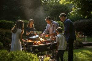 ai generato contento famiglia cucinando carne su barbecue griglia nel giardino a estate sera, un' famiglia preparazione un' barbecue nel loro Giardino dietro la casa, ai generato foto