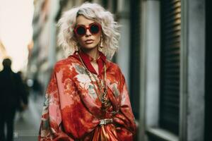 ai generato alla moda bionda donna nel rosso occhiali da sole su un' città strada, un' moda appassionato indossare ultimo tendenze a partire dal Milano moda settimana, ai generato foto