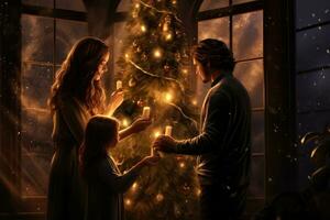 ai generato contento famiglia decorazione Natale albero a casa. madre, padre e bambini a casa, un' famiglia illuminazione su un' Natale albero insieme, ai generato foto