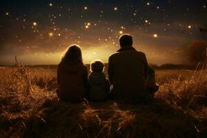 ai generato silhouette di famiglia seduta su il erba e Guardando il stellato cielo, un' famiglia di quattro guardare le stelle nel un' rurale ambientazione, ai generato foto