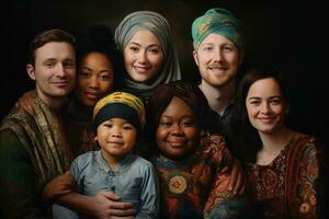 ai generato gruppo di diverso multietnico musulmano famiglia su buio sfondo, un' famiglia di diverso culture Abbracciare una persona loro tradizioni, ai generato foto