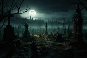 ai generato Halloween sfondo con cimitero e pieno Luna. 3d rendering, un infausto, inquietante cimitero sotto il pieno di luna luce, ai generato foto