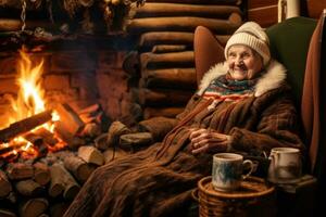 ai generato anziano donna seduta di il camino a casa nel inverno, un più vecchio donna maglieria di il camino dentro un' accogliente log cabina, ai generato foto