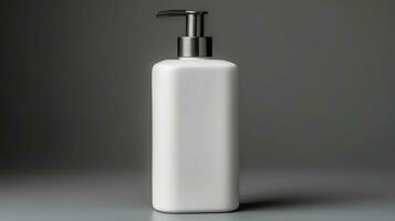 ai generato vuoto bianca distributore bottiglia su grigio, Perfetto per il branding con suo elegante, minimalista design. foto