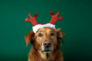 ai generato ritratto di un' carino cucciolo indossare un' Natale renna fascia per capelli foto