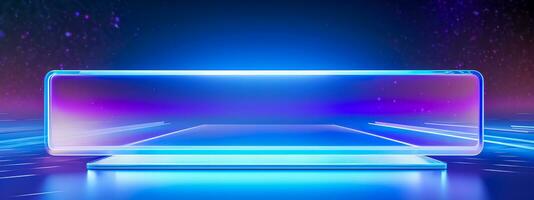 ai generato futuristico 3d ologramma Schermo nel neon blu e viola tonalità con astratto leggero modelli e un' elegante, moderno disegno, contro un' scuro, infuso di particelle sfondo foto