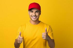 ai generato giovane bello consegna uomo nel uniforme e berretto guardare fiducioso sorridente amichevole fare pollici su foto