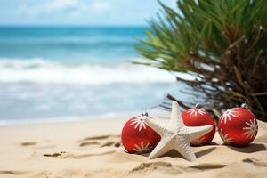 ai generato Natale palline disposte su il sabbia con i regali foto