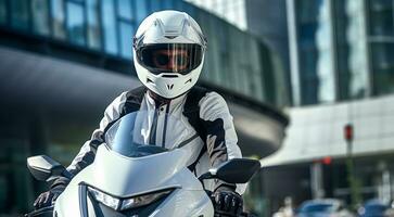 ai generato avvicinamento di motociclista su il strada, motociclo su il strada, ciclista con casco foto