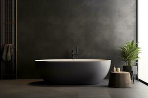ai generato 3d reso minimo stile nero tema moderno bagno interno design con vasca da bagno foto