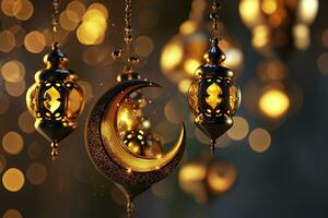 ai generato 3d reso ornamentale Arabo lanterna raggiante invito per musulmano santo mese Ramadan kareem foto