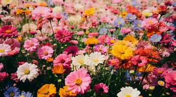 ai generato campo di fiori, fiori nel il campo, colorato fiori sotto il cielo, colorato fiori, fiori campo foto