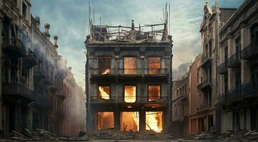 ai generato ardente edifici dopo il guerra, guerra scena, fiammeggiante case foto