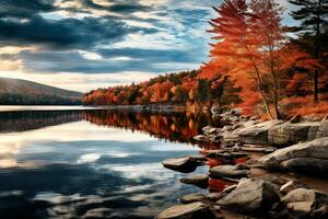 ai generato autunno paesaggio con un' lago e colorato foresta. hdr Immagine, ai generato foto