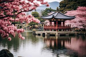 ai generato bellissimo ciliegia fiorire e giapponese pagoda nel giardino, ai generato foto