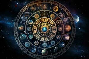 ai generato zodiaco segni nel il zodiaco cerchio contro il sfondo di il stellato cielo, ai generato foto