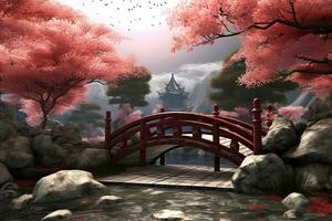 ai generato Cinese tempio con rosso ciliegia fiori e un' di legno ponte nel il stagno, ai generato foto