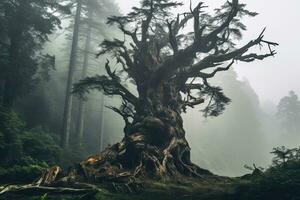 ai generato misterioso buio foresta con vecchio albero. fantasia paesaggio. 3d rendering, ai generato foto