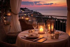 ai generato romantico cena ambientazione su il spiaggia a tramonto. Grecia, Creta, ai generato foto