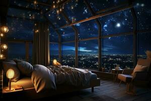 ai generato 3d interpretazione di un' Camera da letto con un' Visualizza di il notte città, ai generato foto