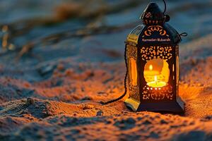 ai generato ornamentale Arabo lanterne. luccicante d'oro bokeh luci su deserto foto