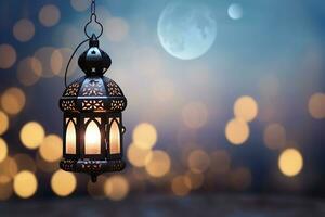 ai generato un illuminato Arabo colorato sospeso Ramadan lanterna foto