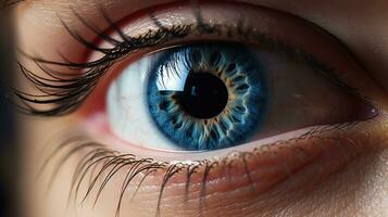 macro Immagine di umano occhio. donna di blu occhio avvicinamento. ai generato foto