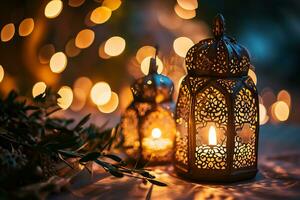 ai generato ornamentale Arabo lanterna con ardente candela raggiante a notte invito per musulmano santo mese Ramadan kareem foto