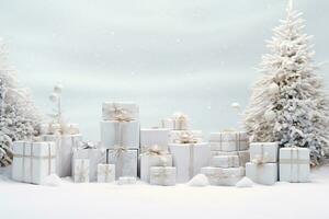 ai generato inverno regalo con un' argento nastro sotto un' pino albero con un' bianca sfondo e fiocchi di neve. HD sfondo foto