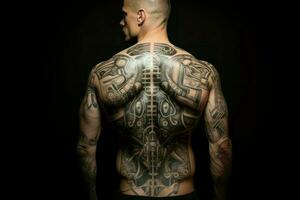 ai generato potente uomo tatuaggi muscolo. creare ai foto