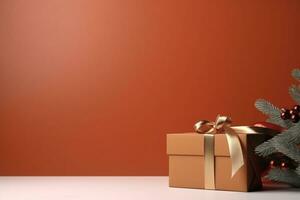 ai generato Natale regalo scatola su arancia sfondo foto