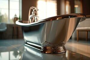 un' indipendente vasca da bagno con pulito Linee e un' lucidato cromo rubinetto generativo ai foto