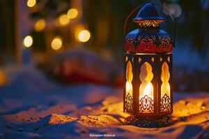 ai generato ornamentale Arabo lanterne. luccicante d'oro bokeh luci su deserto foto