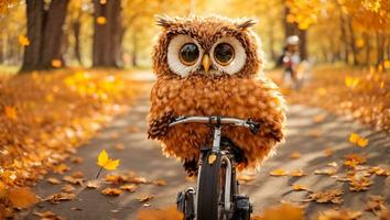 ai generato carino cartone animato gufo su un' bicicletta nel il autunno parco foto