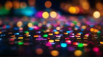 ai generato luccichio bokeh illuminazione effetto colorato sfocato astratto sfondo compleanno anniversario matrimoni multicolore bokeh, pioggia luce, sfocato luci, sfocato arcobaleno confettis nero sfondo foto