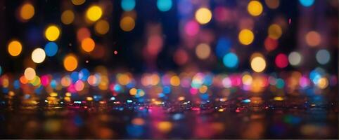 ai generato luccichio bokeh illuminazione effetto colorato sfocato astratto sfondo compleanno anniversario matrimoni multicolore bokeh, pioggia luce, sfocato luci, sfocato arcobaleno confettis nero sfondo foto