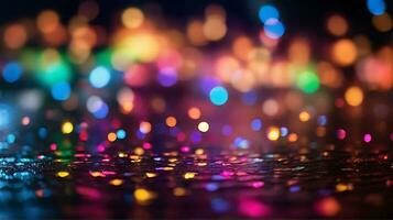 ai generato luccichio bokeh illuminazione effetto colorato sfocato astratto sfondo compleanno anniversario matrimoni multicolore bokeh, pioggia luce, sfocato luci, sfocato arcobaleno confettis nero sfondo foto